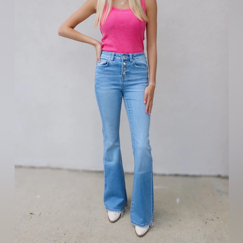 Mica High Rise Button Front Flare Blue Jeans